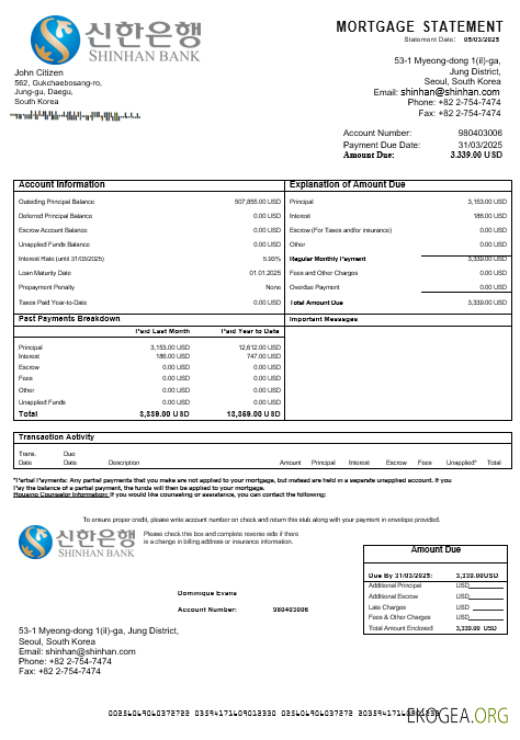 Relevé hypothécaire de la banque Shinhan en Corée du Sud aux formats Word et PDF